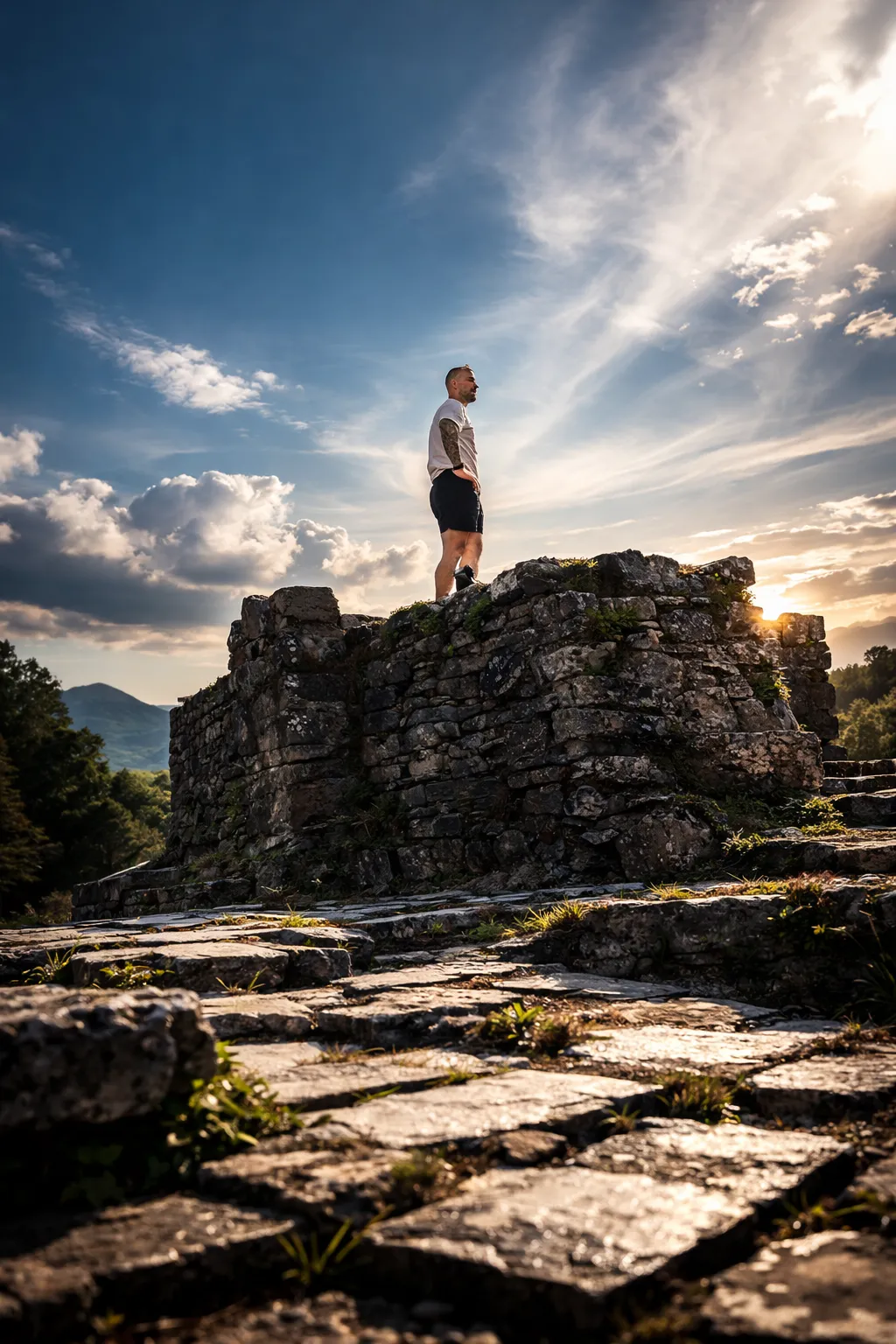 A man standing on stone ruins looking out over the mountains at sunset